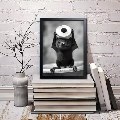 ARKZSHO Black and White Bathroom Wall Art - Funny Bats Canvas Print | Cute Animal Decor (Framed 10''x8'')