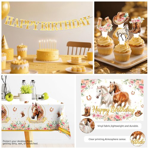 Xynic 211 Pcs Horse Party Decorations, Cowgirl Birthday Party Decorations Includes Plates, Banner, Cups, Napkins, Hanging Swirl, Tablecloth, Horse Birthday Decorations for Girls