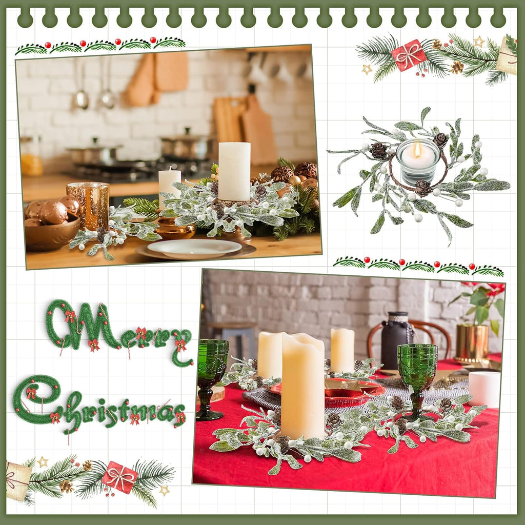 Skiennix Christmas Pillar Candle Rings - Frosted Mistletoe Wreaths with Pearl Accents | Set of 6 for Holiday Decor