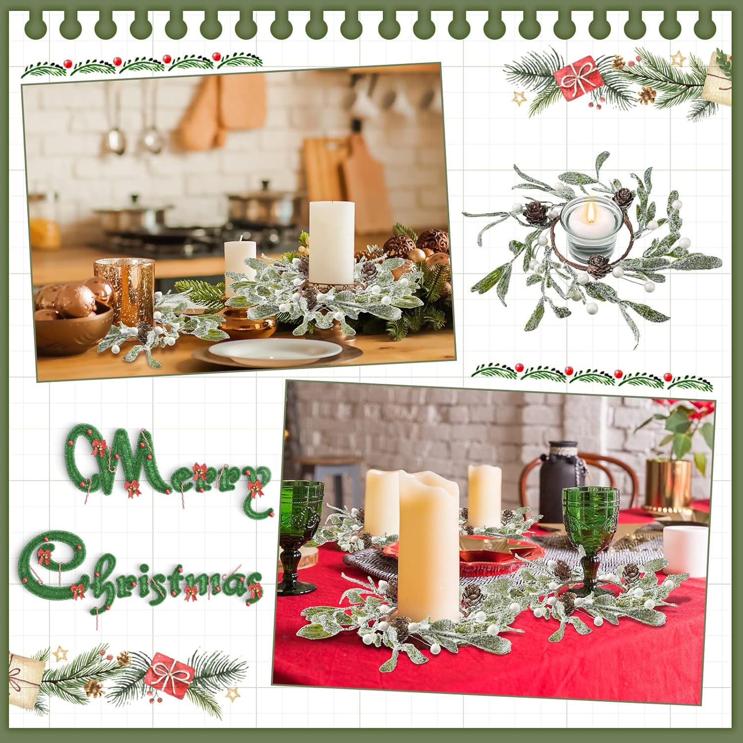 Skiennix Christmas Pillar Candle Rings - Frosted Mistletoe Wreaths with Pearl Accents | Set of 6 for Holiday Decor