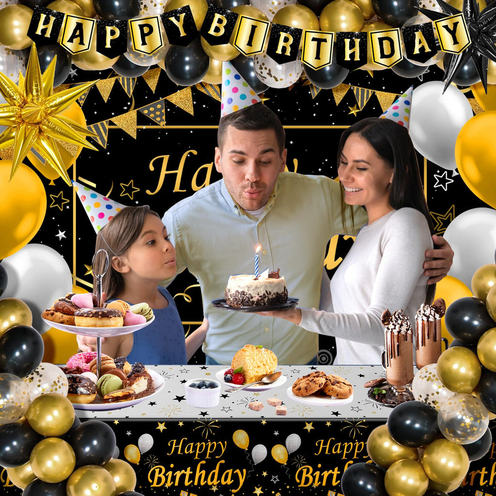 Black and Gold Birthday Decorations for Men Women, Black Gold Party Decorations Kit with Happy Birthday Banner Backdrop Tablecloth Foil Curtains Balloons Arch, Happy Bday Party Supplies for Him