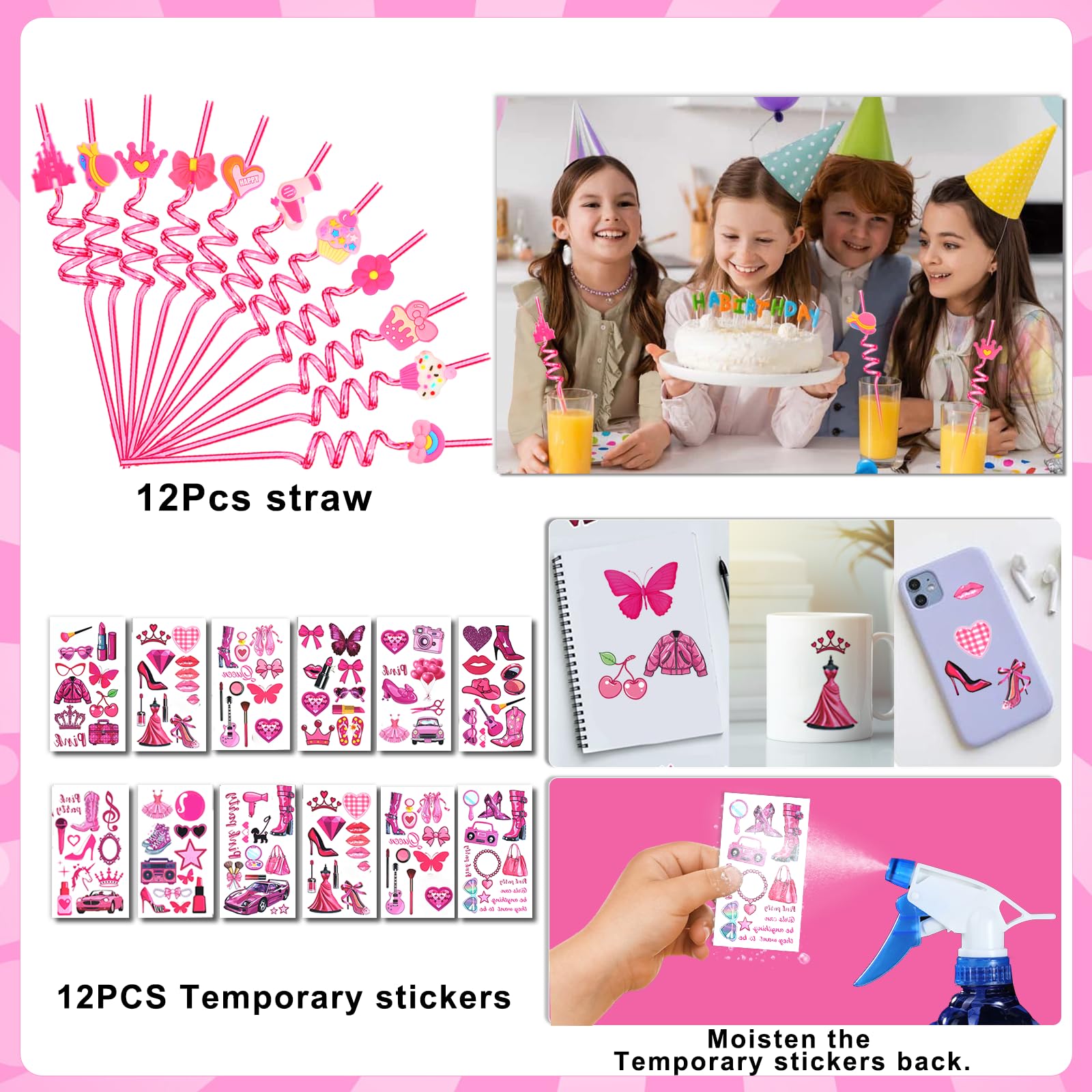 156PCS Pink Girls Party Favors - Little Girl's Birthday Supplies Set with Heart Glasses, Bubble Sticks, Bracelets, Stickers, and More – Ideal Goodie Bag Stuffers for Birthday Party Decorations