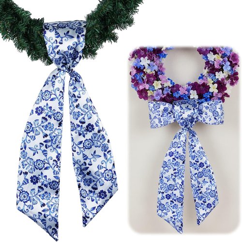 Chinoiserie Wreath Sash - Blue Floral Ribbon Decor for Front Door | 55x5 Inch Indoor/Outdoor Bow