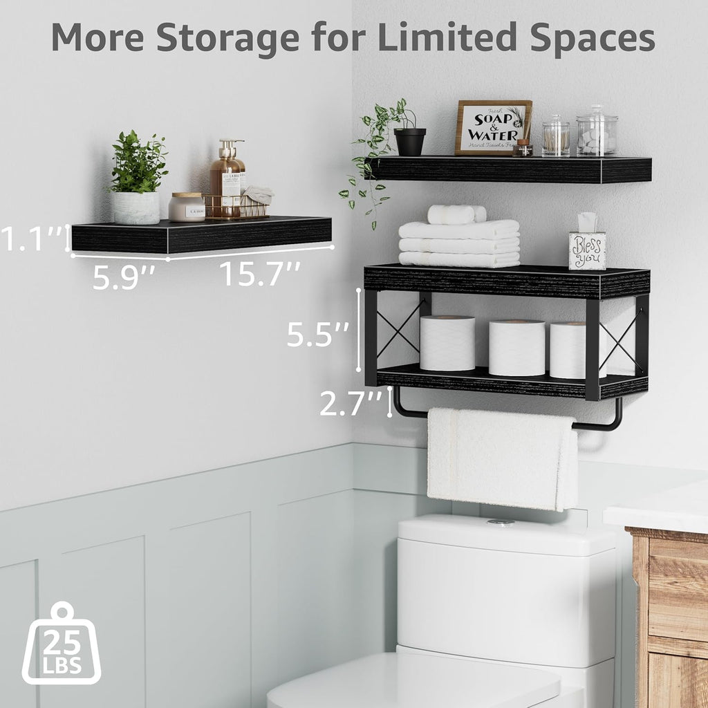 QEEIG Bathroom Shelves - Over Toilet Floating Shelf for Toilet Paper Storage | Set of 3, Black, 16 Inch
