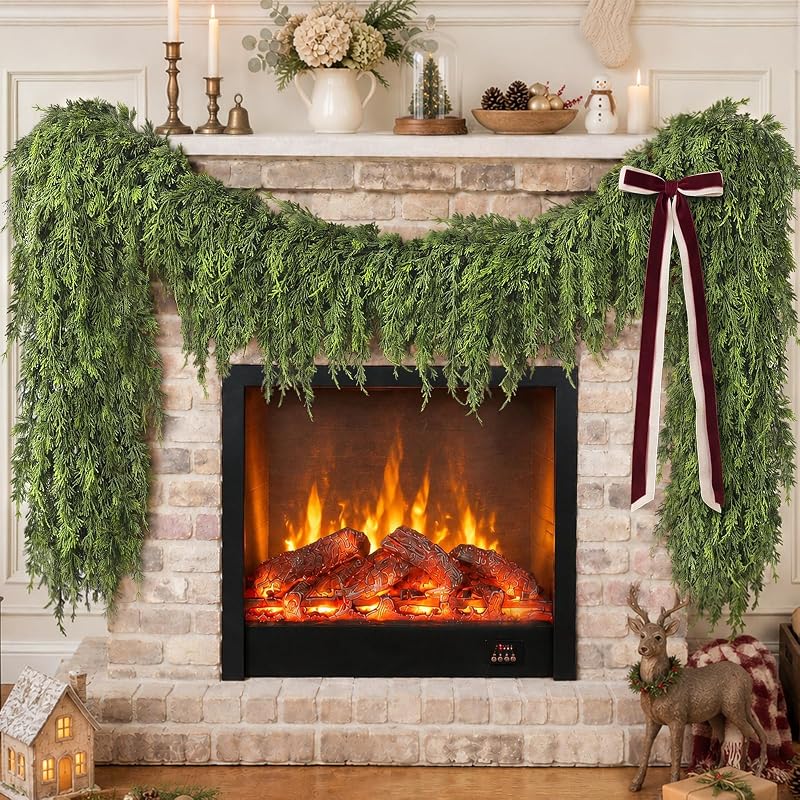 1Pcs 9FT Artificial Cedar Garland for Mantle Decor - Lifelike Touch, Christmas