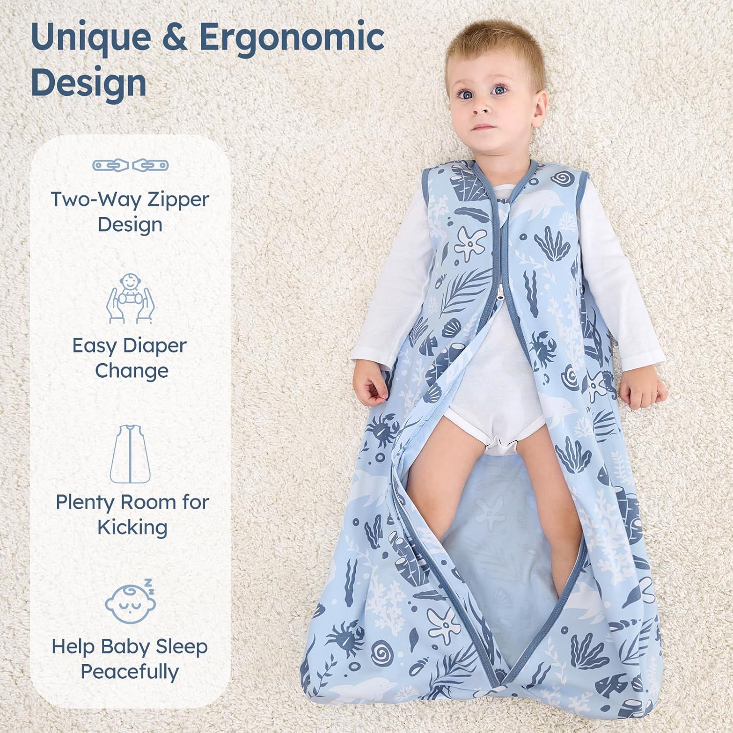 Unnivoll Baby Sleep Sack - 100% Cotton Lightweight Wearable Blanket | 0-6 Months, Blue Dolphin, 0.5 TOG