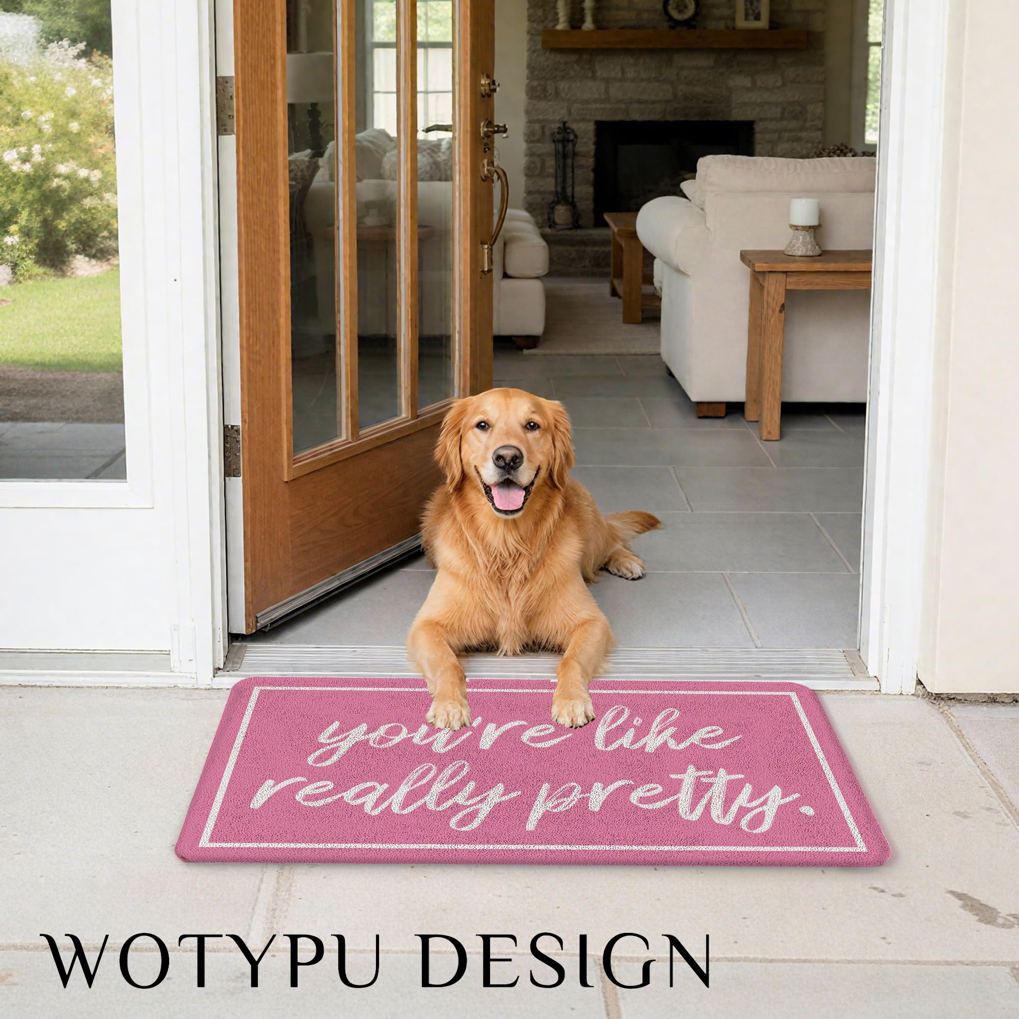 WOTYPU Coquette Pink Door Mat, Trendy Preppy Girly Pink Welcome Mats for Front Door, You're Like Really Pretty Doormat Outdoor Indoor Entrance Entryway, 17x30 Inches