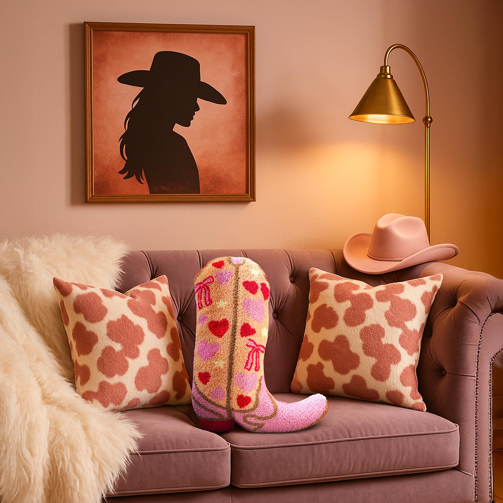 Cowgirl Boot Pillow for Pink & Preppy Aesthetic Room Decor - Textured Rodeo-Inspired Cowgirl Pillow with 3D Embroidered Pink & Red Hearts & Bows Design - Western Throw Pillows for Boho Decor