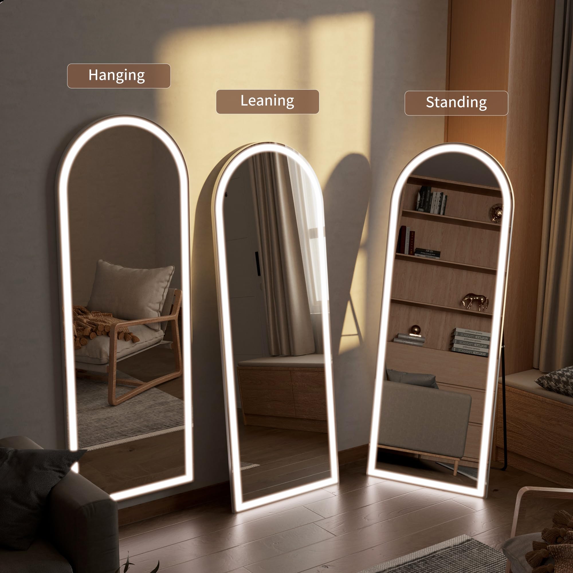 Arched Full Length Mirror with LED Lights, 60"x16" LED Floor Mirror with Stand, Body Floor Mirrors with Dimming & 3 Color Lighting, Wall Mounted LED Mirrors for Bedroom, Dressing Room, Cloakroom