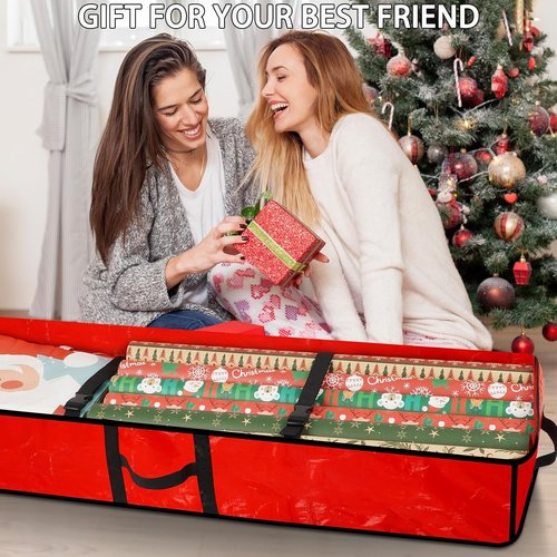 HikooLSS Wrapping Paper Organizer - Durable Underbed Storage for 24 Rolls | Red 43.2" with Pockets