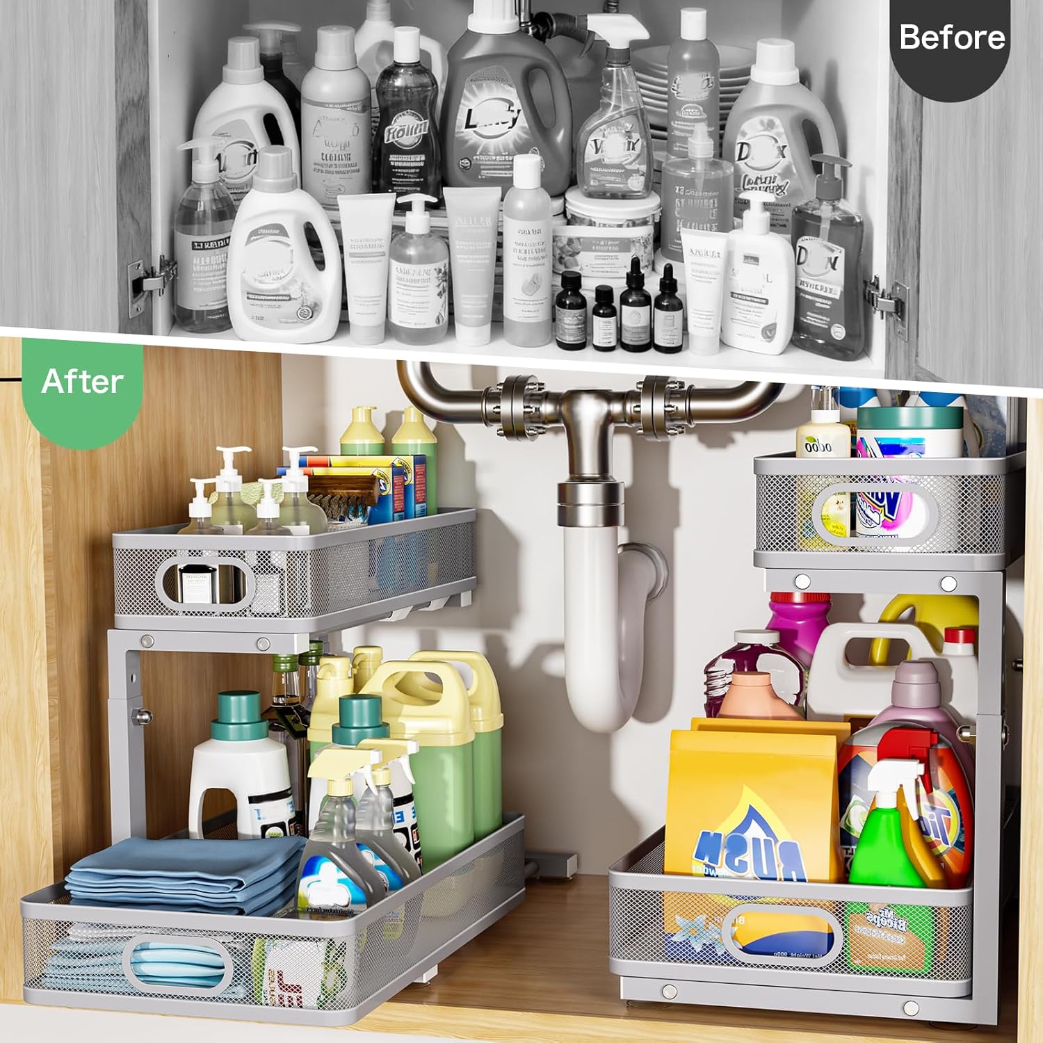 Under Sink Organizer 2 Pack - Adjustable 2 Tier Metal Storage Drawers for Kitchen & Bathroom