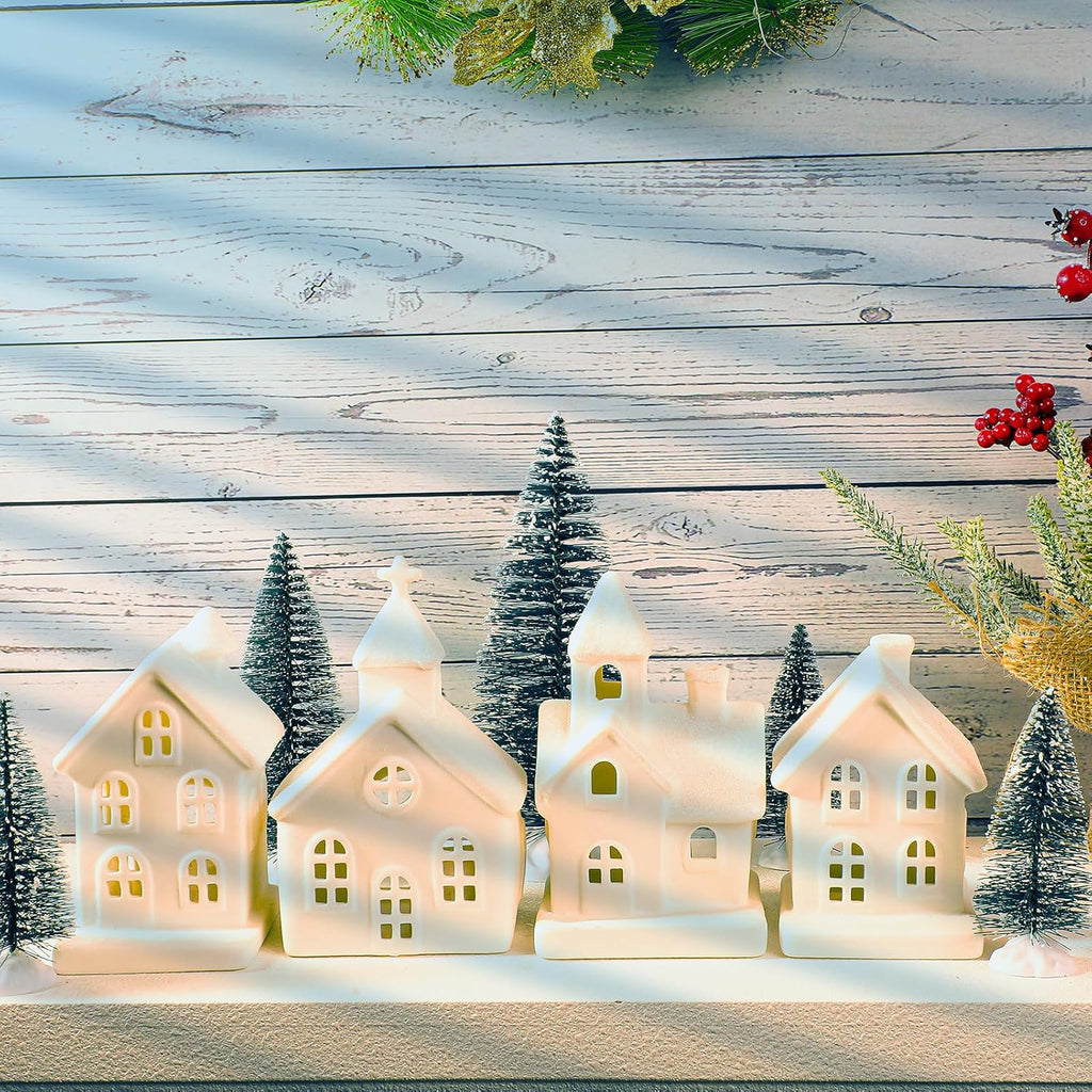 Regine Switzerland Christmas Village Set - 9 Pcs Lighted Ceramic Houses & Trees | Winter White Decor
