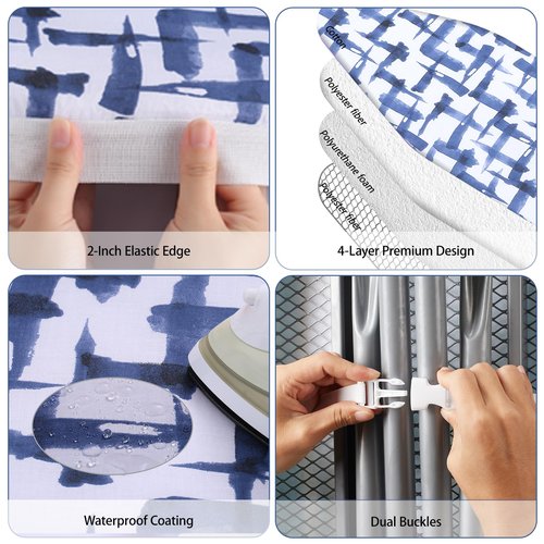 Ironing Board Cover and pad - 15 x 54 Thick Padding 4 Layers with 2" Elastic, Stain Resistant & Durable Scorch, 2 Click Buckles for Smooth Iron/Easy Installation in Laundry Room, Blue Brushstrokes