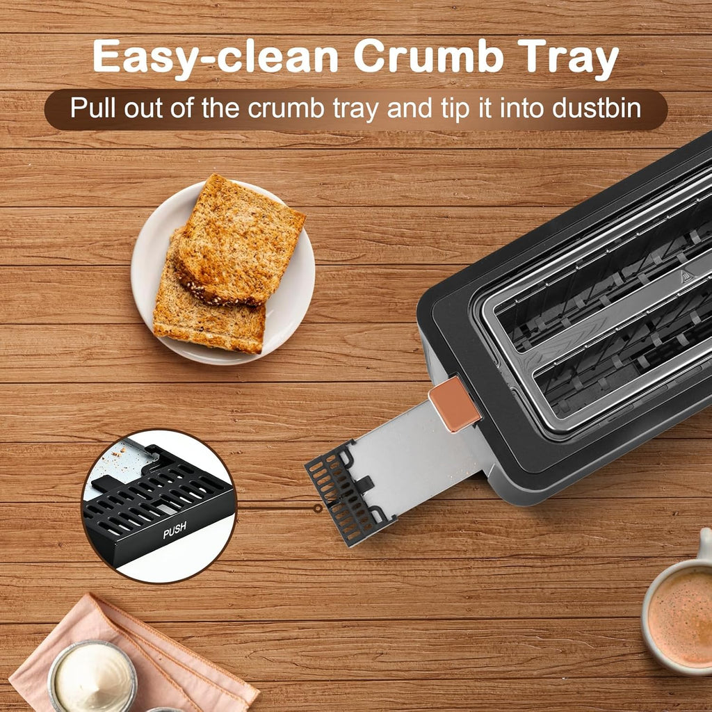 Mecity 4-Slice Long Slot Toaster - Stainless Steel with Warming Rack & 6 Browning Settings | 1300W, Grey