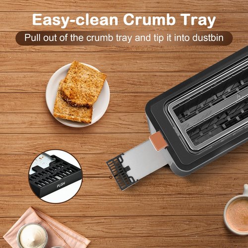 Mecity 4 Slice Toaster, Long Slot Toaster With Warming Rack, Timer, Bagel, Defrost, Reheat Functions, Crumb Tray, 6 Browning Settings, Extra Wide Long Slots, Stainless Steel, 1300W, Grey