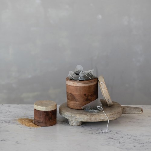 Creative Co-Op Mélange Acacia Wood Container with Marble Lid, Natural and Yellow