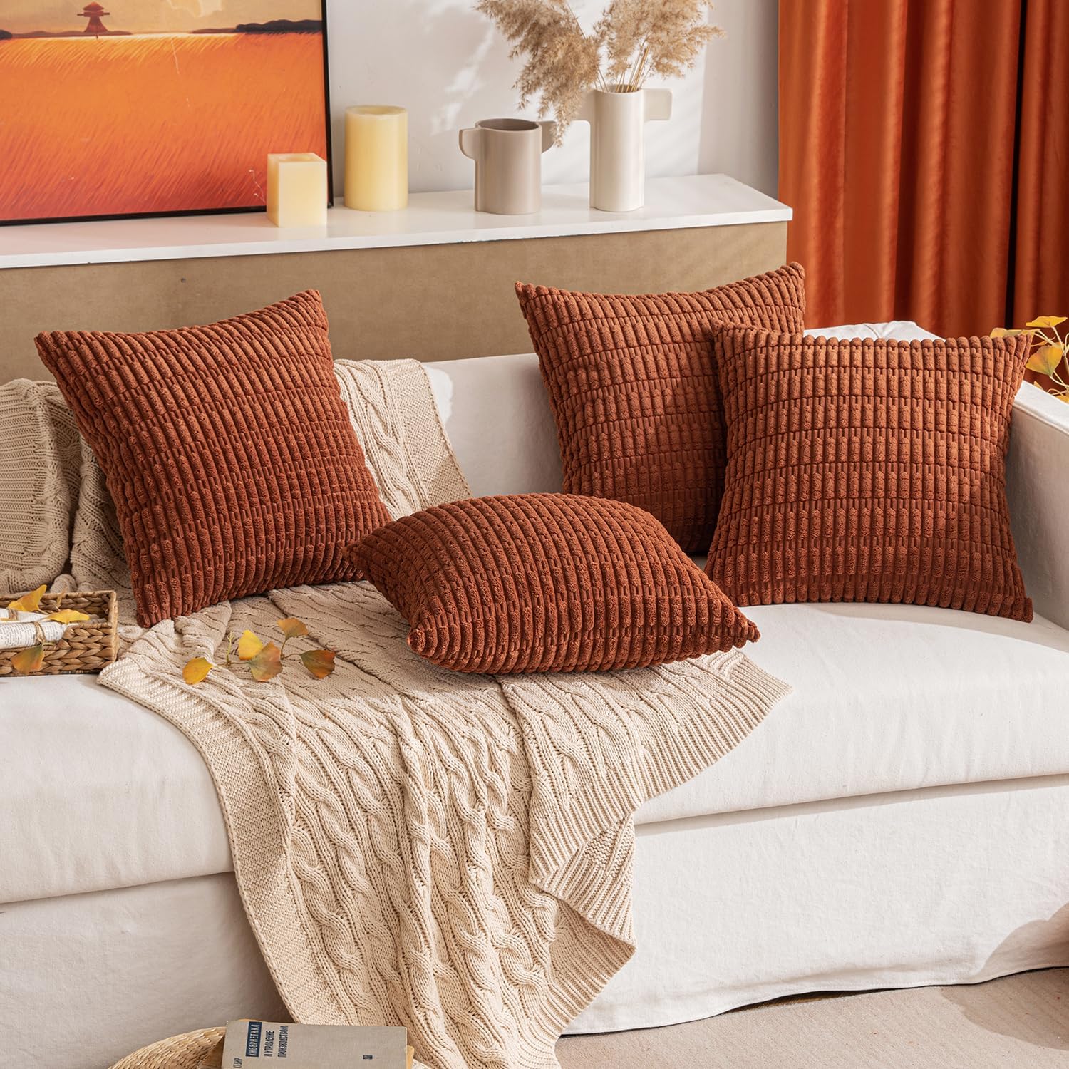 MIULEE Decorative Pillow Covers - Soft Dark Rust Corduroy | Pack of 2, 20x20 Inch, Boho Striped Design for Modern Farmhouse Decor