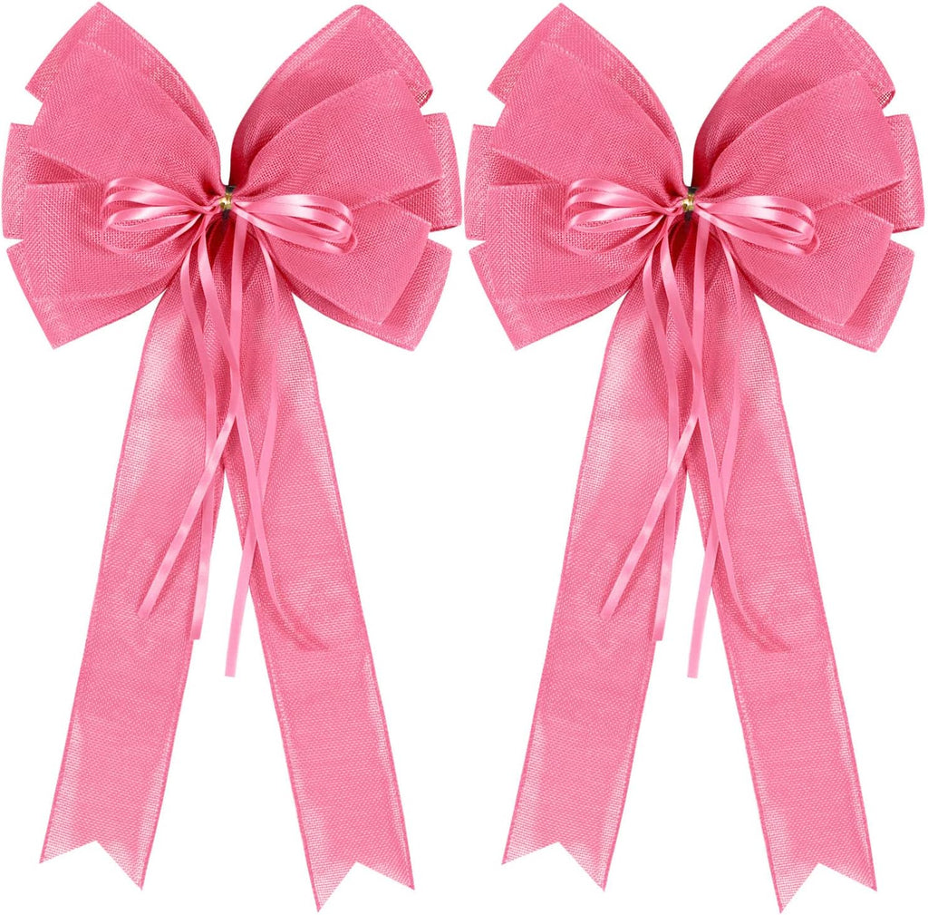 Skiennix Large Pink Easter Wreath Bows - Spring Tree Topper Decor with Burlap & Glitter | 2 Pcs Set