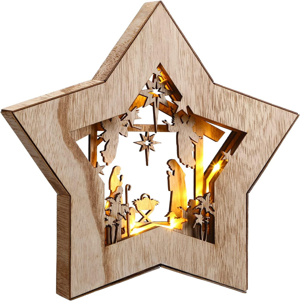 Skiennix Wooden Nativity Scene Set - Rustic Christmas Tabletop Decoration with LED Light | Indoor Decor