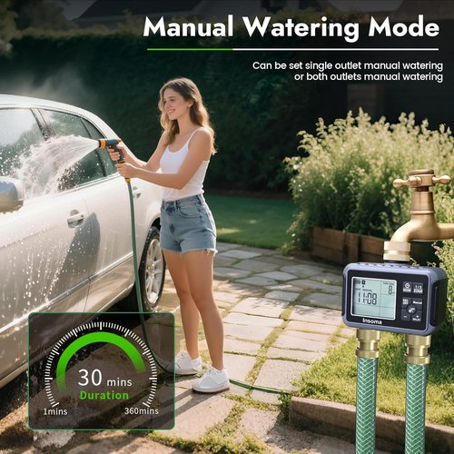 Insoma Water Timer - Brass Inlet & Outlet | 2-Zone Outdoor Hose Timer with Auto/Manual/Rain Delay for Garden