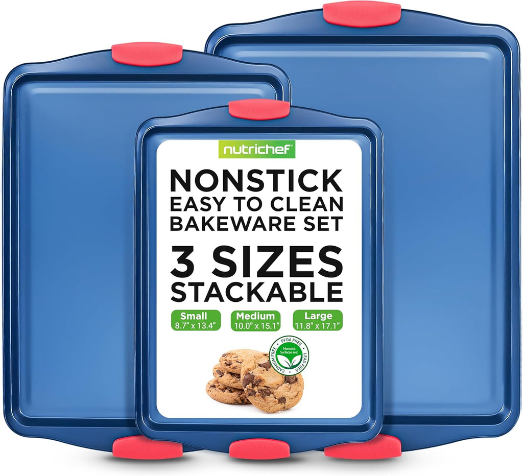 NutriChef Nonstick 3-Piece Baking Pans Set - Durable Carbon Steel Bakeware with Blue Coating & Red Silicone Handles
