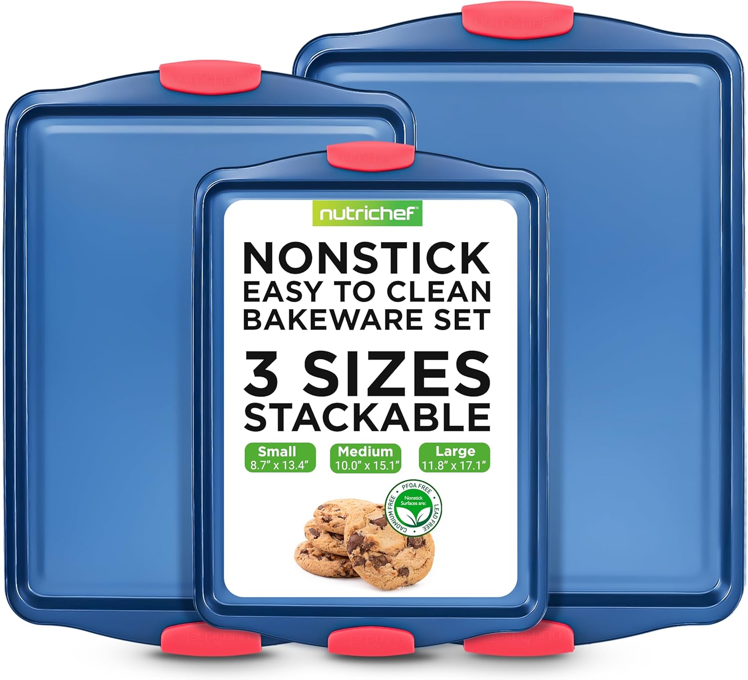 NutriChef Nonstick 3-Piece Baking Pans Set - Durable Carbon Steel Bakeware with Blue Coating & Red Silicone Handles