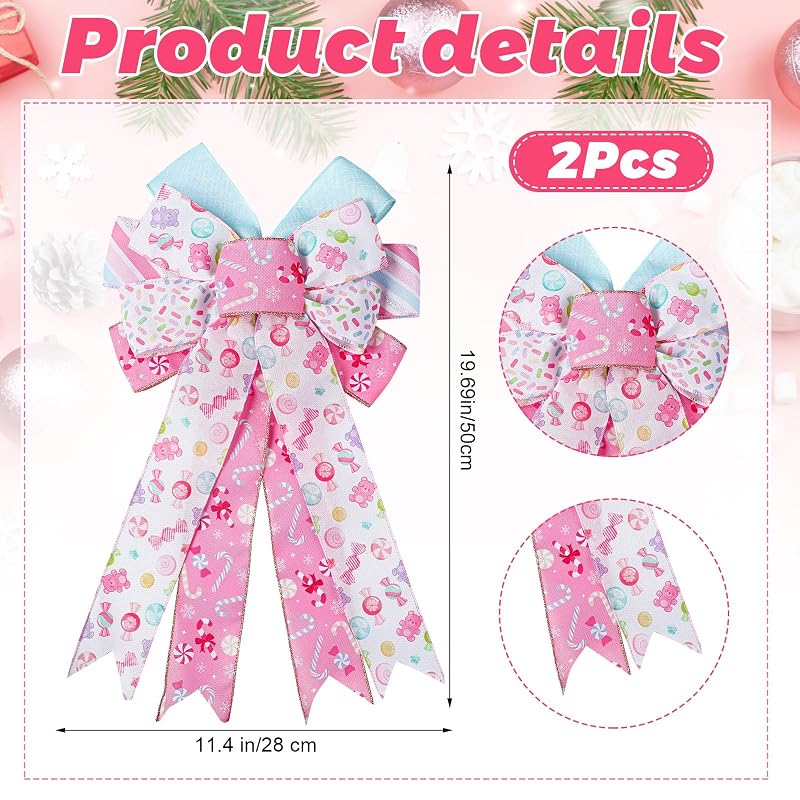 Pastel Candy Christmas Tree Topper Bows, 2 Pack 28x50 cm Pink & White
