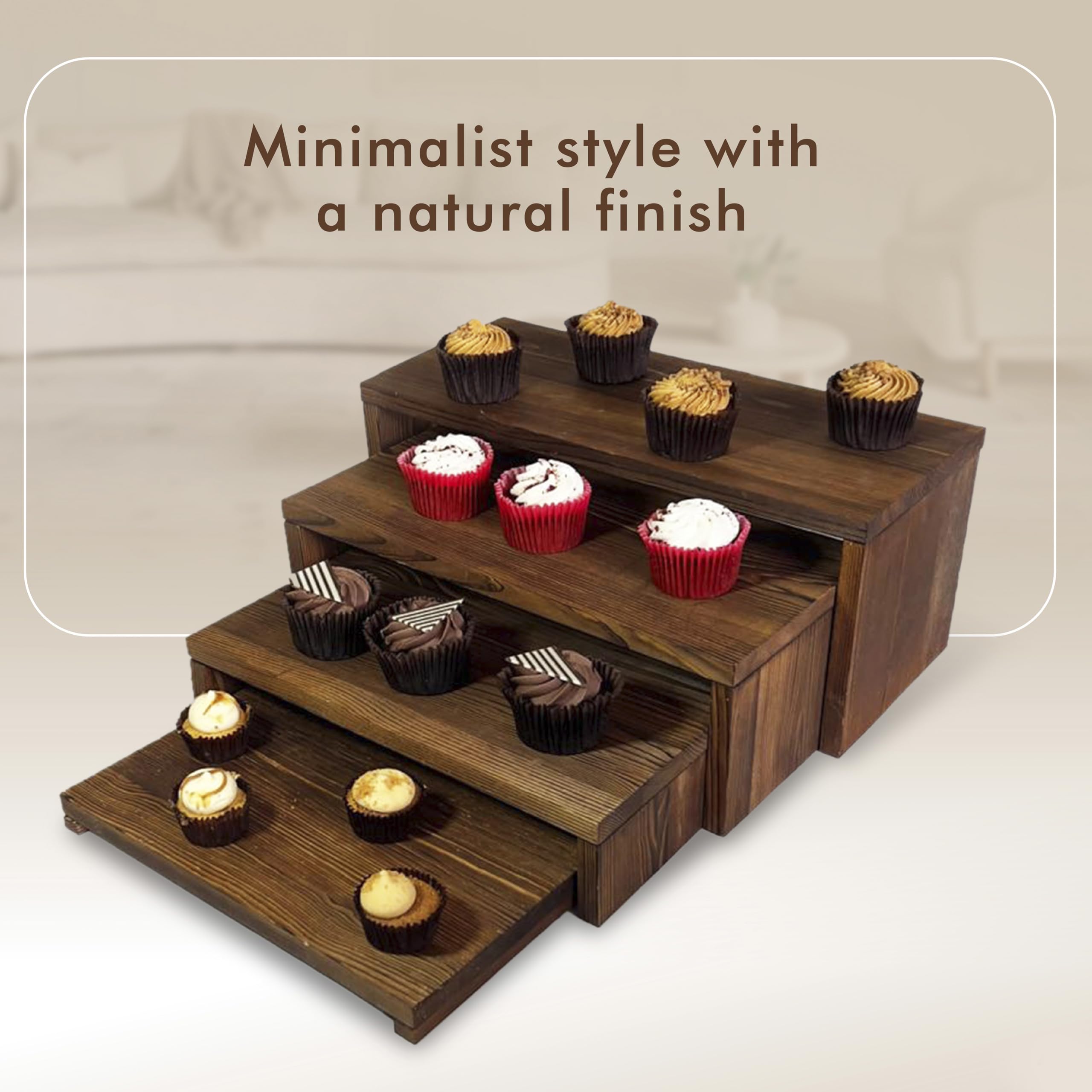 Living By Design LONDON 4-Tier Ultra Wide Wooden Display Stand, Wood Riser for Table Display, No Tools Required, Easy to Assemble, Durable Wood Stands for Dessert Table & Home Deco