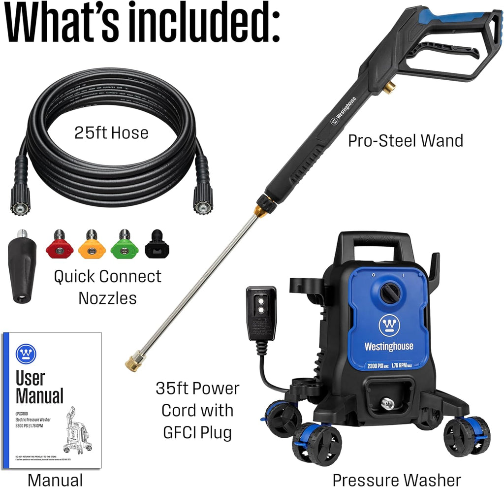 Westinghouse ePX3100 Electric Pressure Washer - 2300 PSI, 1.76 GPM, Anti-Tipping, Soap Tank, Pro Wand & Nozzles