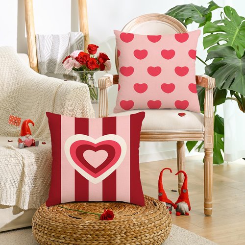 Yjunue Valentine's Day Love Heart Red Pink Throw Pillow Covers,18 x 18 Inch Red White Stripes Love Heart Anniversary Wedding Valentine Decoration Cushion Case,Set of 4