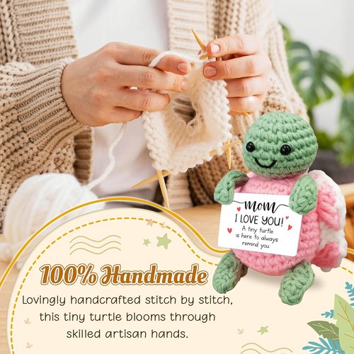 HEXMOZ Mother's Day Gifts | Sentimental I Love You Mom Gift - Pink Turtle Crochet with Positive Card