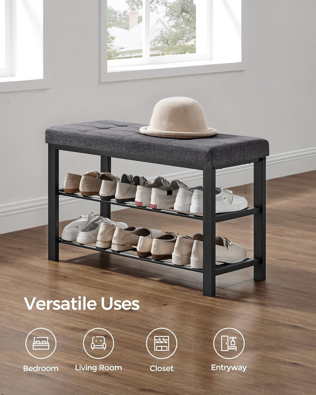 SONGMICS Shoe Bench - Modern Storage Solution with Cushion | Space-Saving Design in Dark Gray and Ink Black