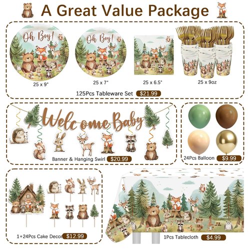Woodland Baby Shower Decorations Plates Set,184Pcs Baby Boy Woodland Forest Animals Plates Napkins Cups Forks Tablecloth Balloons Banner Hanging Swirls Cupcake Toppers, 25 Guests