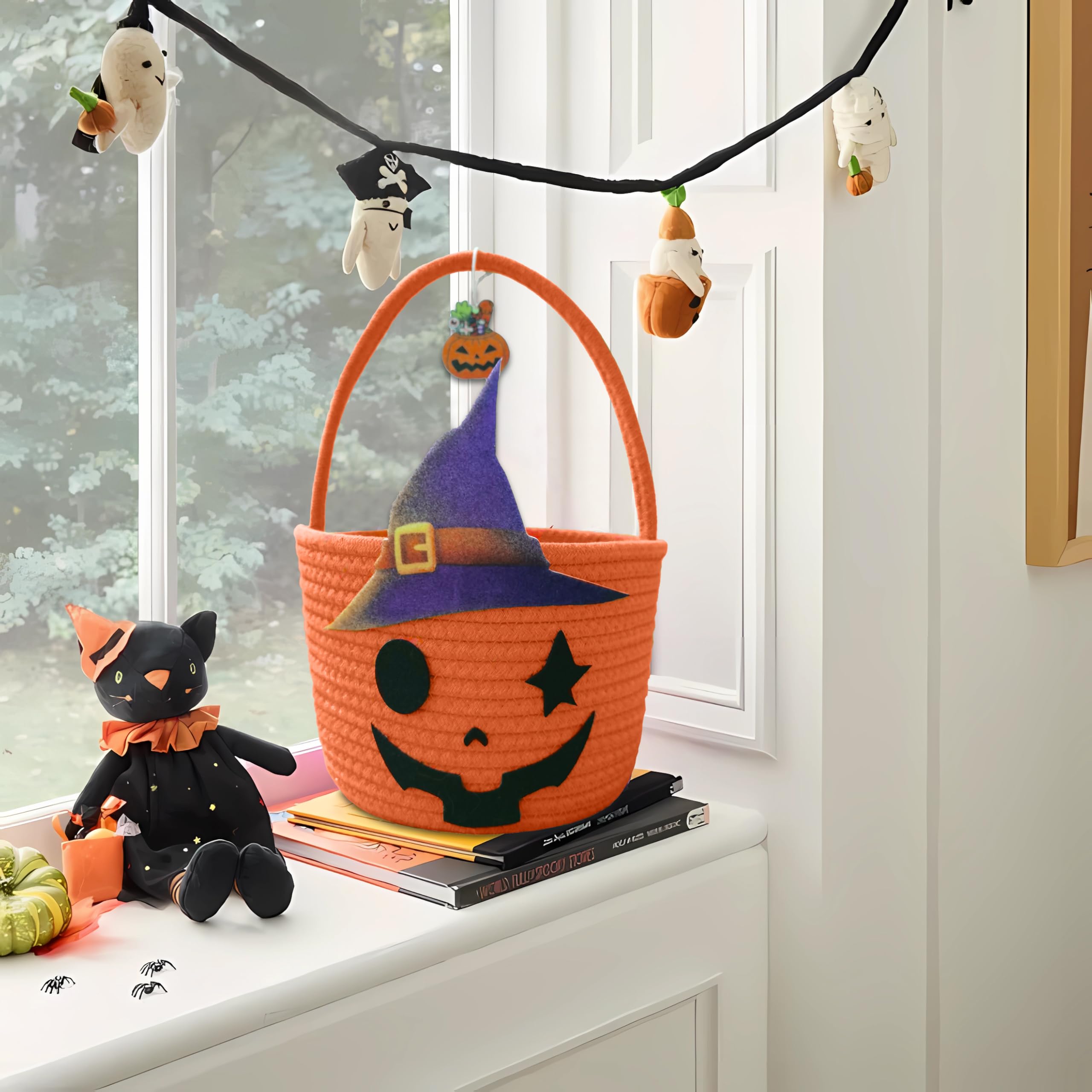 Halloween Pumpkin Basket for Kids, Woven Rope Candy Basket, Halloween Decorations, Small Woven Rope Basket bins, Orange