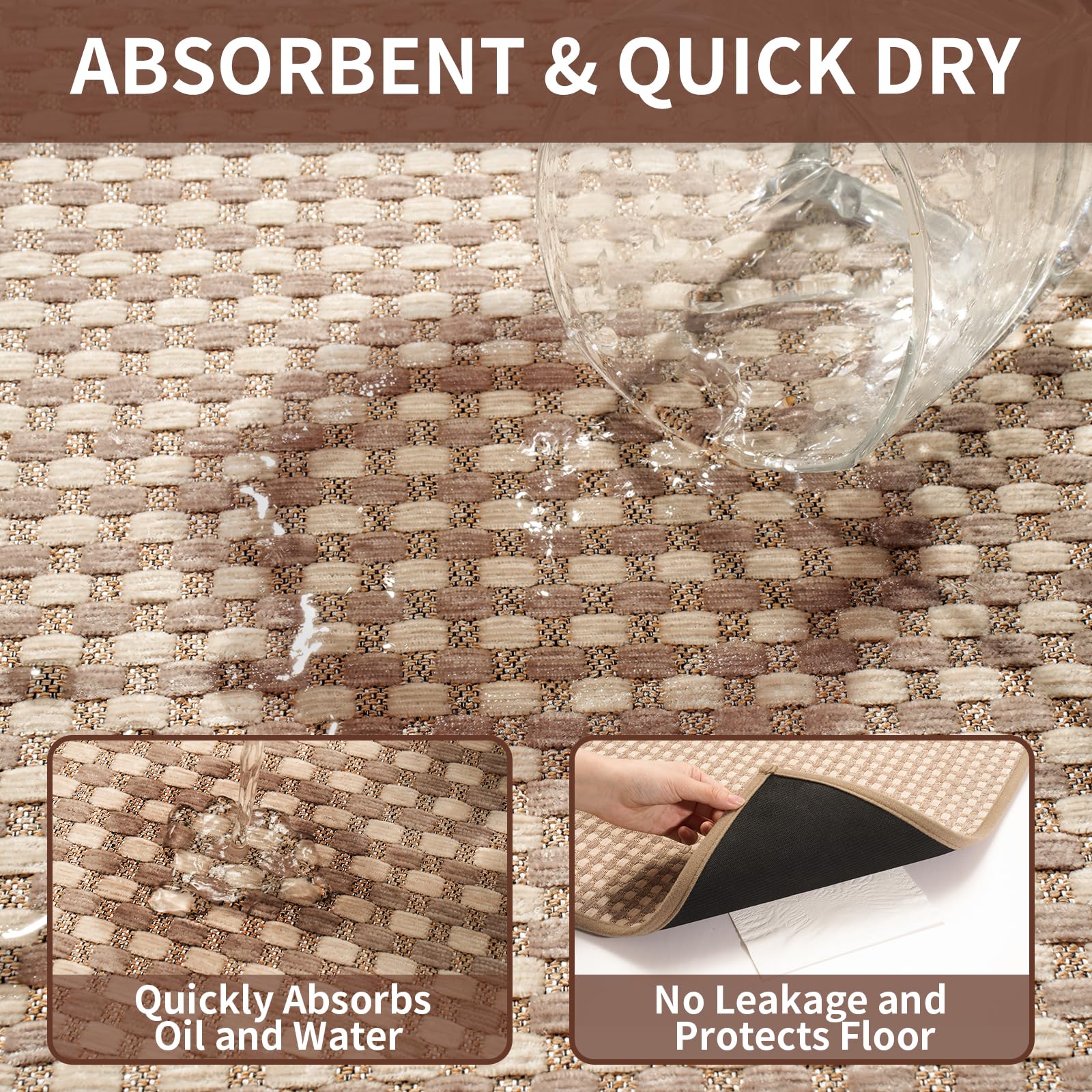 YDKGL Kitchen Rugs Non Slip Washable, Rubber Backing Soft Chenille Braided Kitchen Mats for Floor, Super Absorbent Kitchen Runner Rug Standing Mat Sink Mat, Easy to Clean, Brown 17"x47"