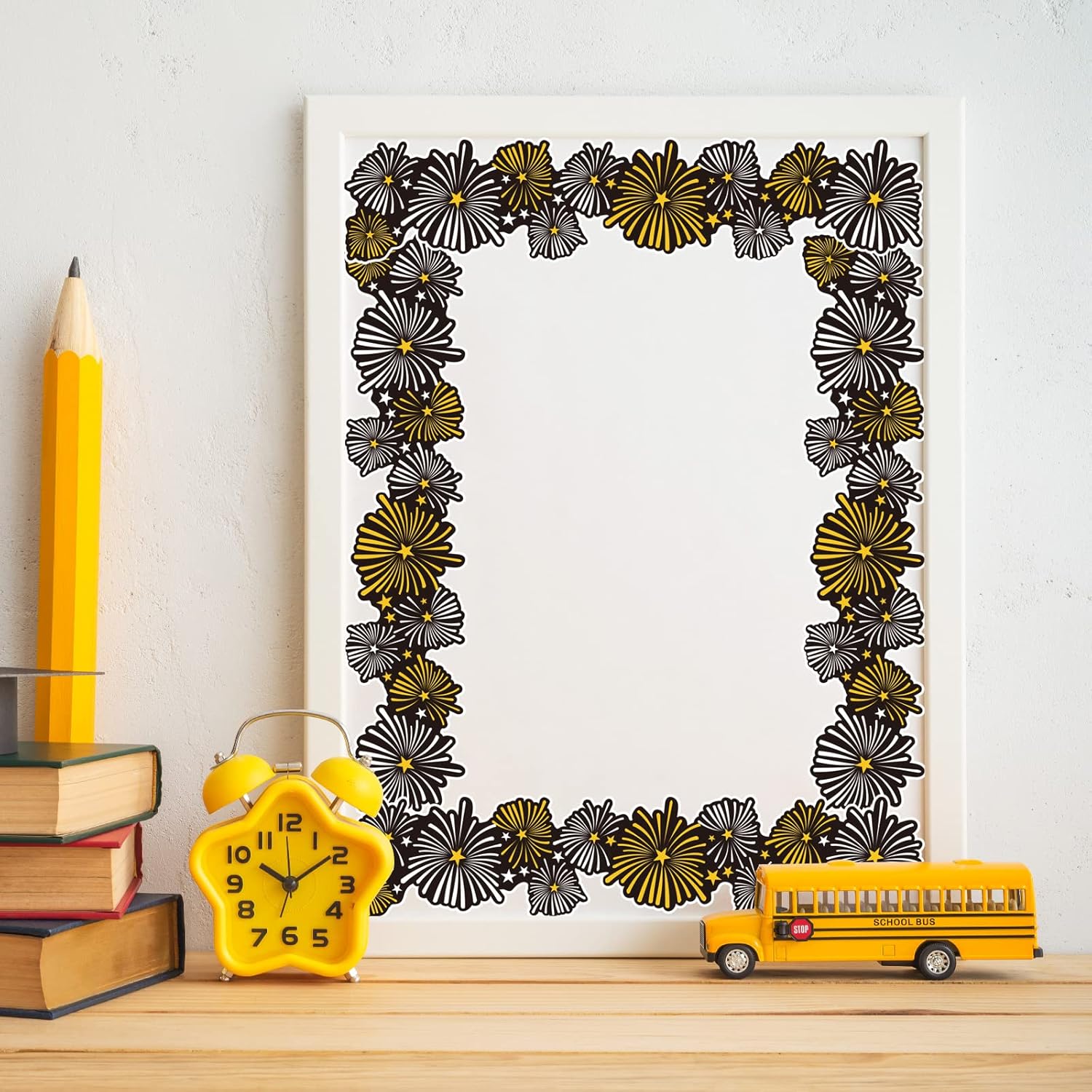 Whaline Graduation Bulletin Board Border - Firework & Cap Design | 69Ft Black, Gold & White Decor