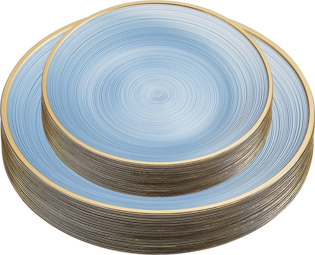 PLASTICPRO 32 Pieces Crystal Design Plastic Plates Combo Pack 7 inch and 10 inch Gold Rim Elegant Disposable Plates, Transparent Blue