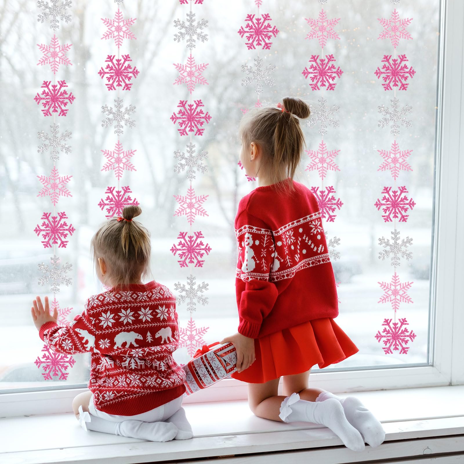 54Pcs Snowflake Garland Decorations Pink Silver Glitter Snowflake Banner for Christmas Winter Wonderland Party Decoration