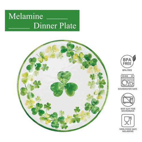 UP UPware Shamrocks Melamine Dinner Plate Set, Round Plates for Main course, Pasta, and Salad, BPA-Free, Dishwasher Safe, Green, 11 Inch, Set of 6