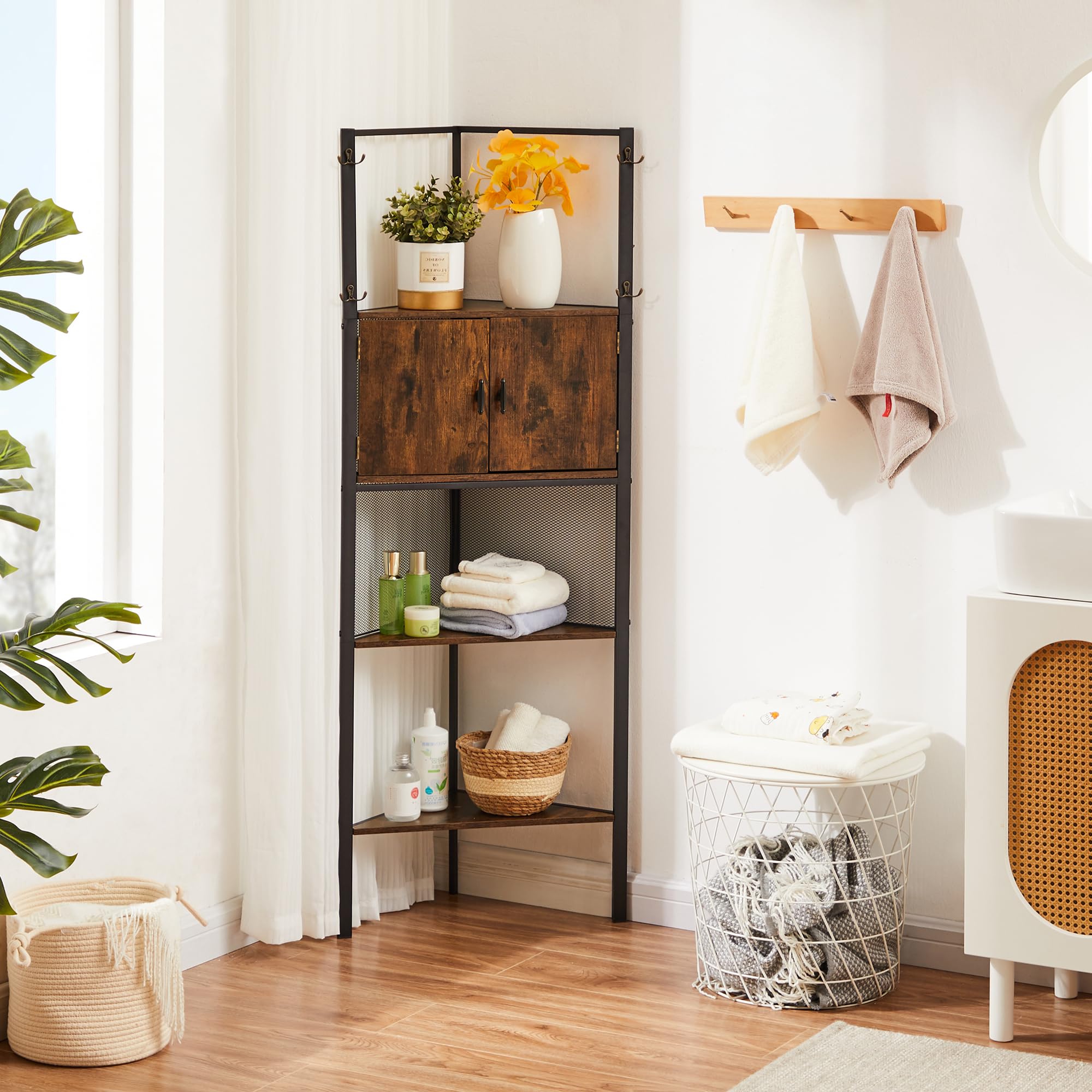 VECELO 4 Tier Corner Cabinet, 59" Tall Standing Organizer with 4 Dual-Hooks, Storage Rack, Narrow Bookshelf Display Shelves Rack for Wall Corner, Living Room, Kitchen, Bedroom, Office, Retro Brown