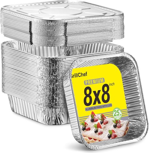 GrillChef 8x8 Aluminum Foil Pans - Disposable Baking Pans with Lids | 25 Pack for Cakes & Roasting