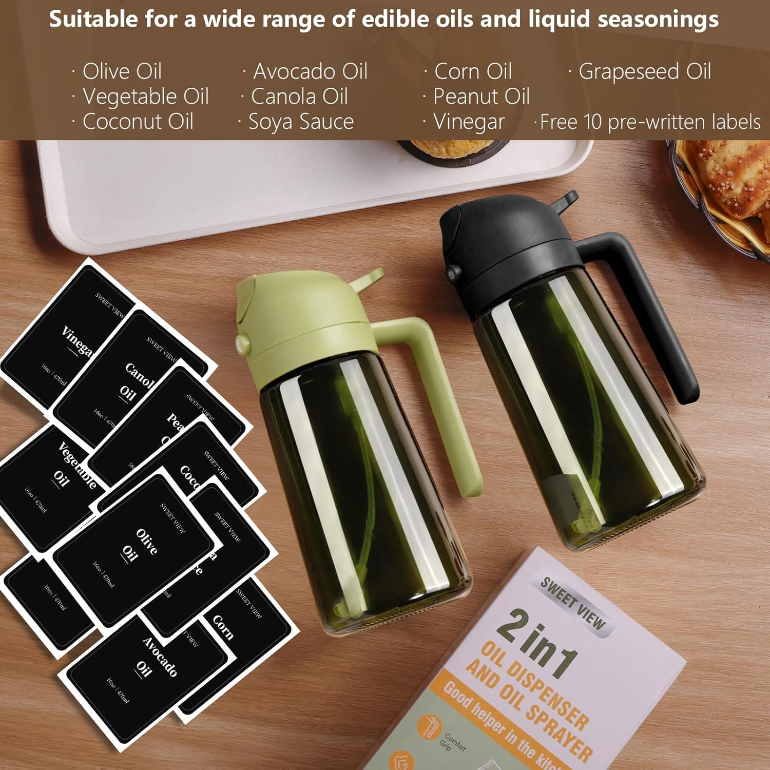 SWEET VIEW Olive Oil Dispenser - 16oz Glass Light-Proof Sprayer for Cooking, Salad & BBQ