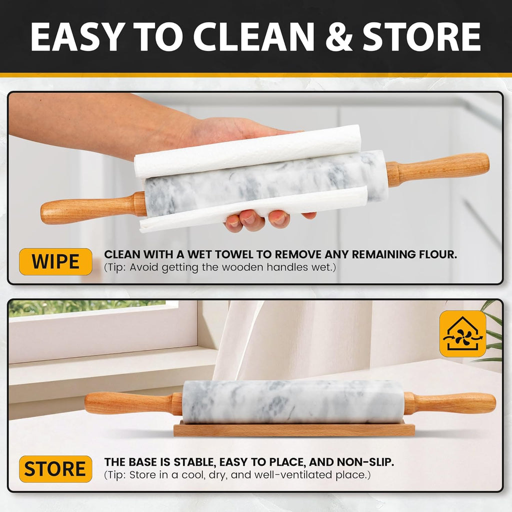 Skiennix Marble Rolling Pin - 16.7 Inches with Wooden Handles & Cradle | Ideal for Pizza Dough, Pasta, Cookies & More!
