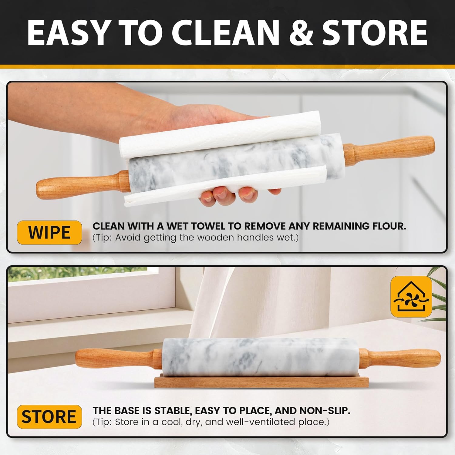Skiennix Marble Rolling Pin - 16.7 Inches with Wooden Handles & Cradle | Ideal for Pizza Dough, Pasta, Cookies & More!
