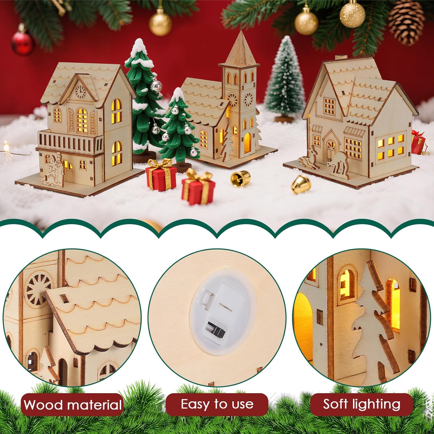 Skiennix Christmas Village Houses - LED Light Wooden Decor | Unfinished Rustic Design for Holiday Centerpieces