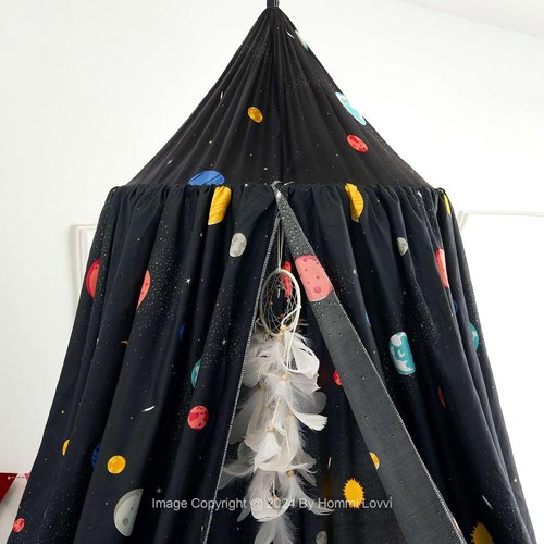 Hommi Lovvi Space Planets Print Kids Bed Canopy, Girls Princess Canopy Dreamy Room Decor, Soft Hanging Reading Nook Play Tent Canopy, Extra Large Full Size Bed Canopy with String Light