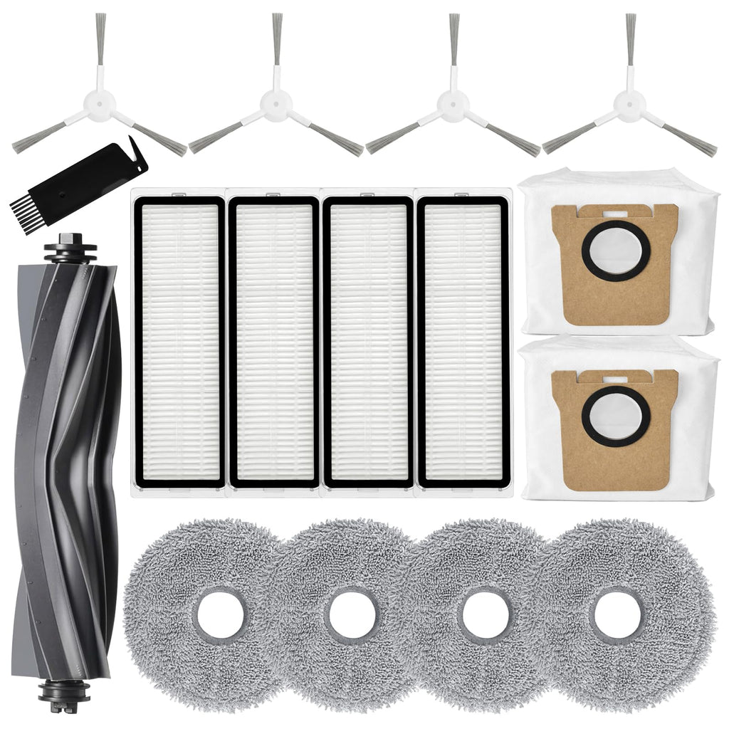 Replacement Parts Compatible for Dreame L10s Ultra / L10 Ultra Robot Vacuum Accessories, 1 Main Rubber Brush, 4 Microfiber Mop Pads, 4 Washable Filters, 2 Dust Bags, 4 Side Brushes, 1 Cleaning Brush
