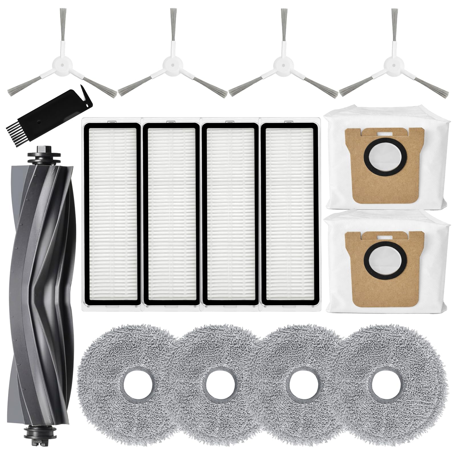 Replacement Parts Compatible for Dreame L10s Ultra / L10 Ultra Robot Vacuum Accessories, 1 Main Rubber Brush, 4 Microfiber Mop Pads, 4 Washable Filters, 2 Dust Bags, 4 Side Brushes, 1 Cleaning Brush