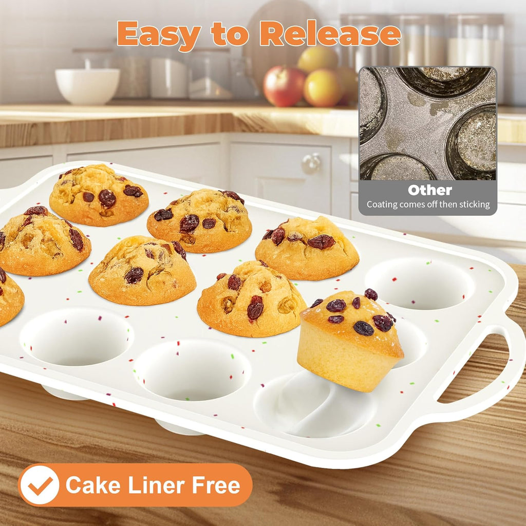 Skiennix Silicone Muffin Pan - 12-Cup Nonstick Baking Tray with Metal Reinforced Frame - BPA Free
