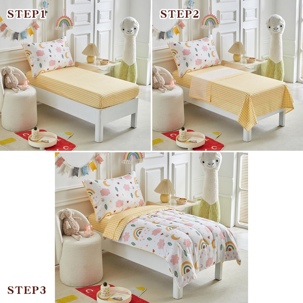 Joyreap 4 Piece Toddler Bedding Set for Girls- Pink n Yellow Clouds Moon Rainbow Lovely Design, Microfiber Toddler Bedding Comforter Set for All Seasons